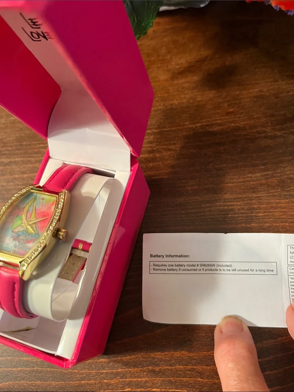 Lovegrove Pink Leather Strap Watch with Gold-Tone Crystal with Case NWOT
